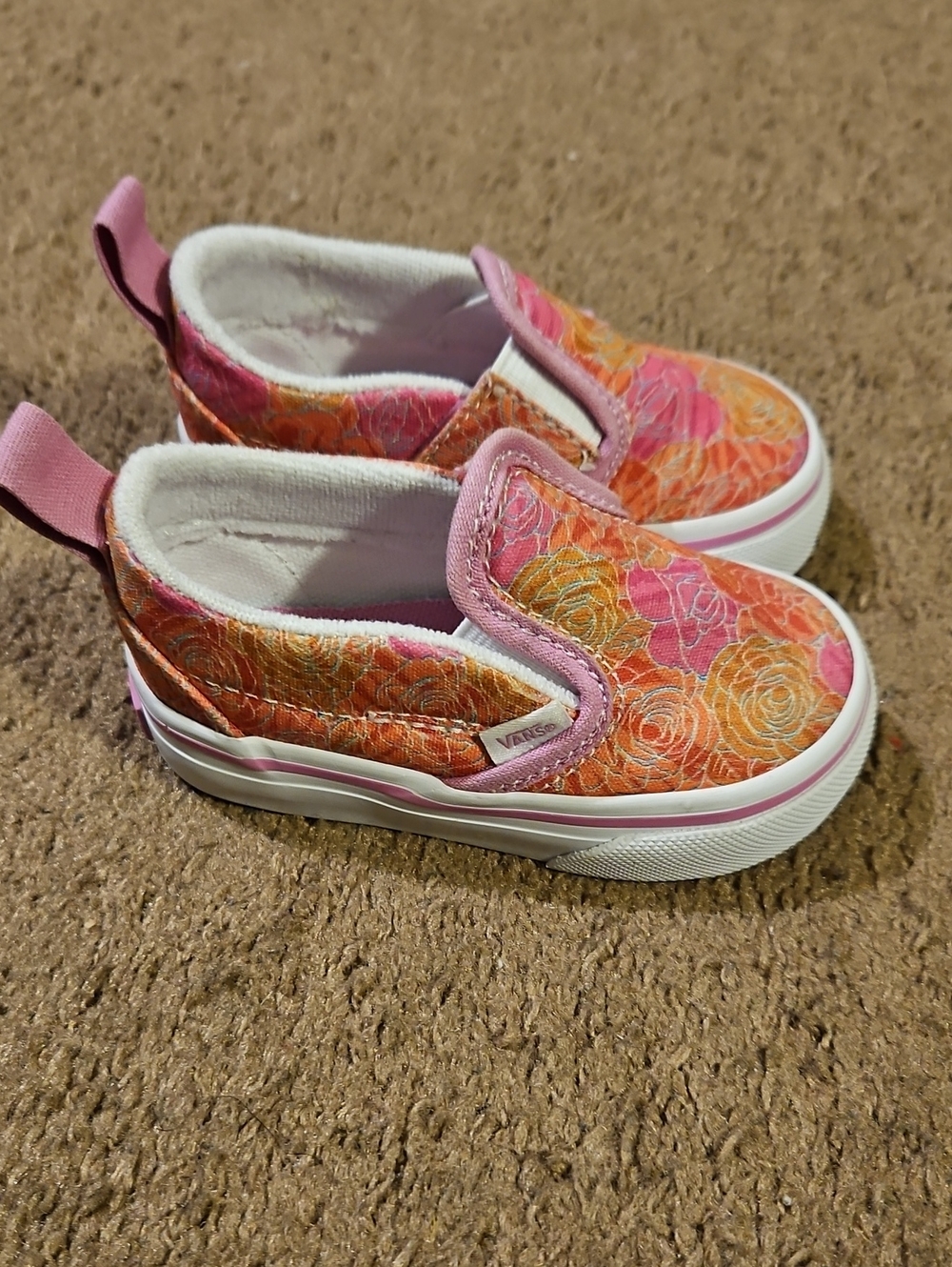 Vans Toddler Girls Floral Slip-On Sneakers in Pink and Orange